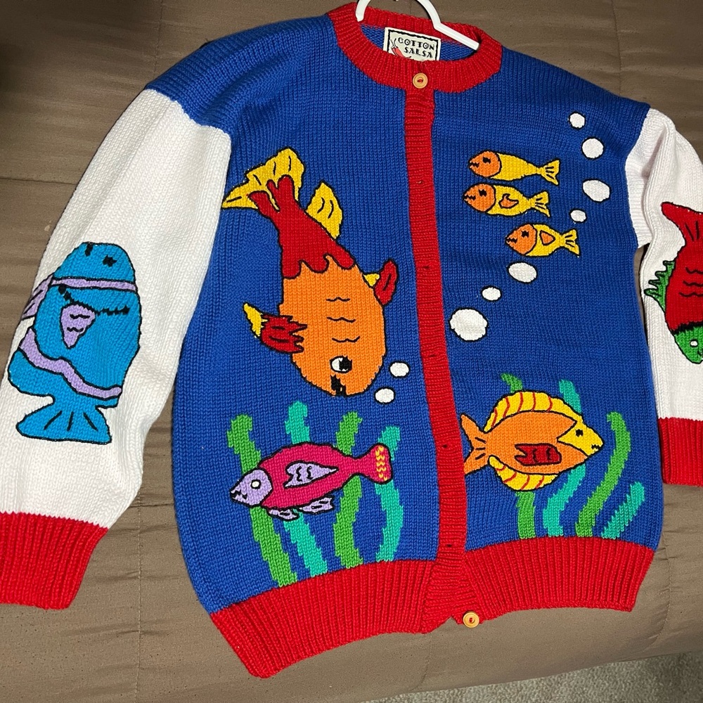 Vintage Cotton Salsa blue tropical fish hand knit cardigan sweater size large